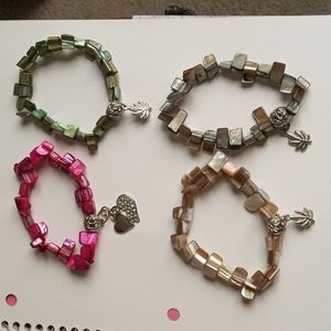 Bundle of 4  Dyed Shell Beads w Weed Leaf Charm Stretch Bracelet New